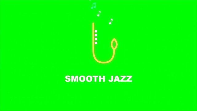 Animated minimalist yellow saxophone icon with floating music notes and smooth jazz text for music production