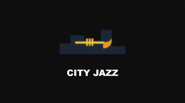 Minimalist city jazz logo with a yellow trumpet silhouette integrated into a dark urban skyline