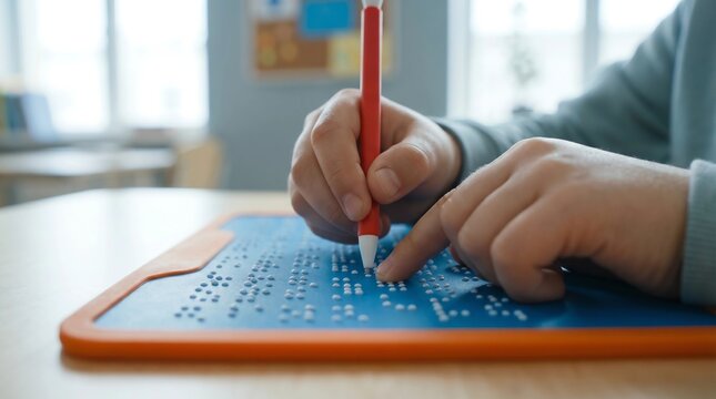 Blind Child Using Stylus to Write Braille on Learning Board