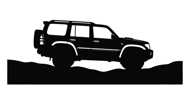 Black suv vehicle driving over rolling hills a striking silhouette