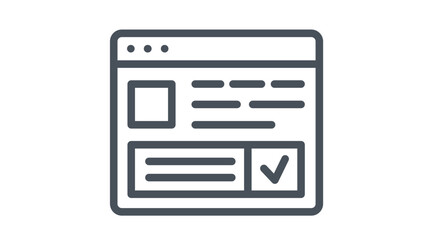 Minimalist black line art vector icon of a web browser window interface featuring a website layout with an image placeholder, text lines, and a checkmark button for success or verification. © Marjana