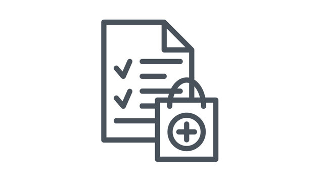 Medical shopping list and pharmacy order vector icon illustration. A black line art symbol of a checklist document with a medical cross shopping bag, representing healthcare supplies and