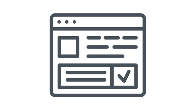 Minimalist black line art vector icon of a web browser window interface featuring a website layout with an image placeholder, text lines, and a checkmark button for success or verification.