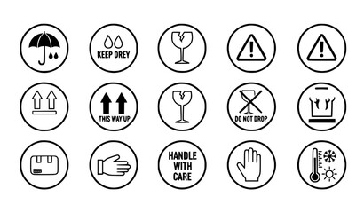 Fototapeta premium Packaging badge icons black and white vector set with handling instruction symbols