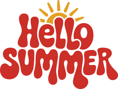 Vibrant hello summer text with sun on white background