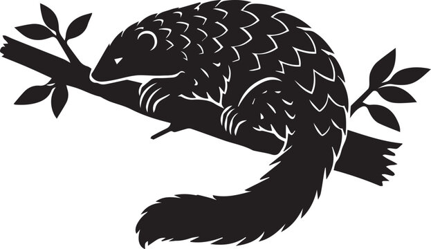 black and white pangolin climbing tree silhouette flat design vector illustration