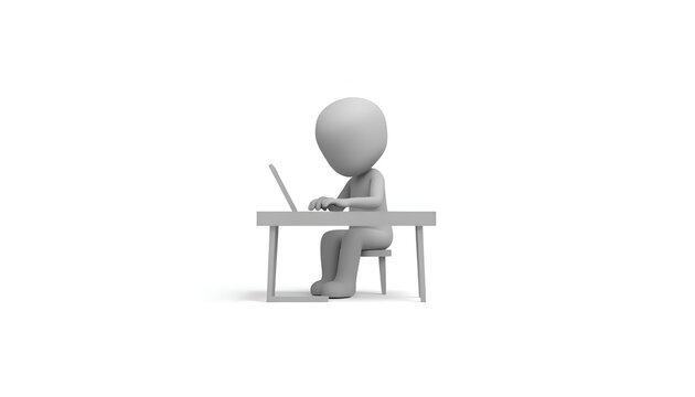 Minimal 3D Character Working on Laptop at Desk Isolated