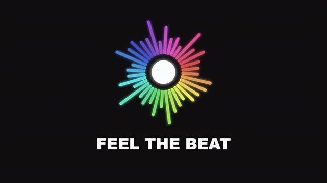 Vibrant rainbow circular music equalizer with feel the beat text reacting to sound in a motion graphic