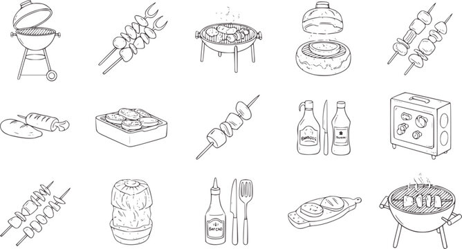 Collection of hand drawn barbecue and grilling food and equipment cooking skewer