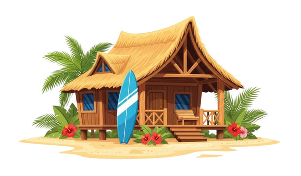Tropical beach bungalow vector surf shack island house illustration