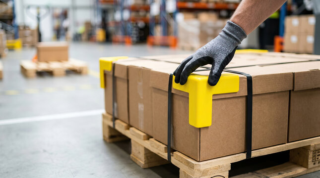 Warehouse pallet cardboard box gloved hand logistics packaging Warehouse worker gloved hand placing protective corner strapped cardboard box pallet for shipping, logistics packaging safety