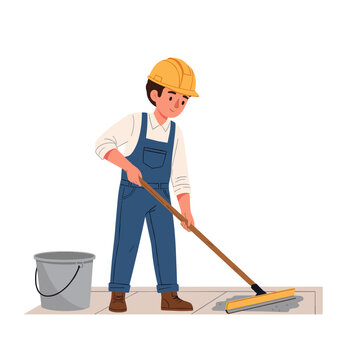 Worker leveling floor screed with long tool during construction