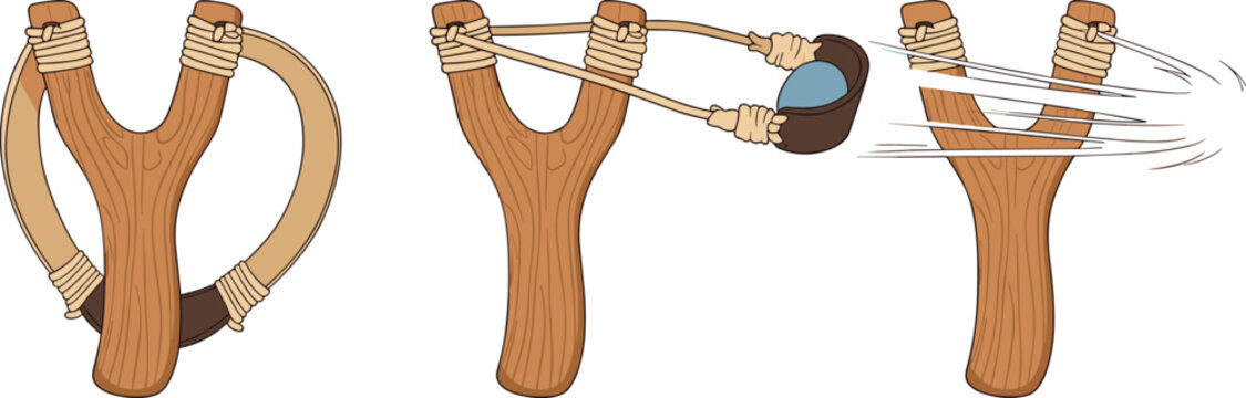 Wooden slingshot with elastic band and projectile stages, traditional hunting tool, aiming and shooting process, vector illustration set