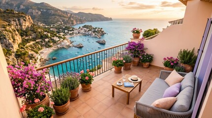 Obraz premium Mediterranean coastal balcony terrace with potted flowers sofa and sea view for travel wallpaper and vacation poster
