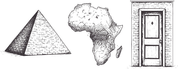 Hand drawn pyramid continent and brick door africa © Musfiqur