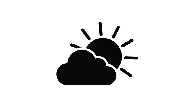 A simple black silhouette depicts a sun partially obscured by a fluffy cloud high quality professional