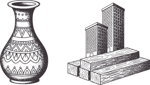 Ornate vase beside stacked lumber and modern buildings pottery ceramic pattern