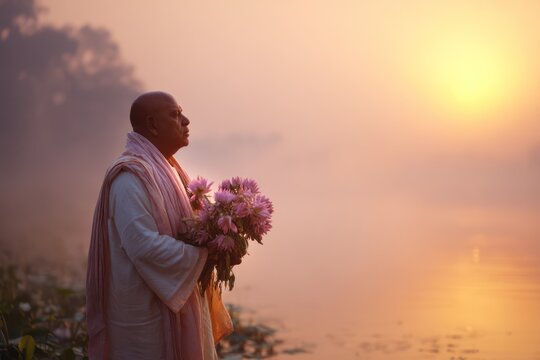 Spiritual offering ritual at sunrise by priest