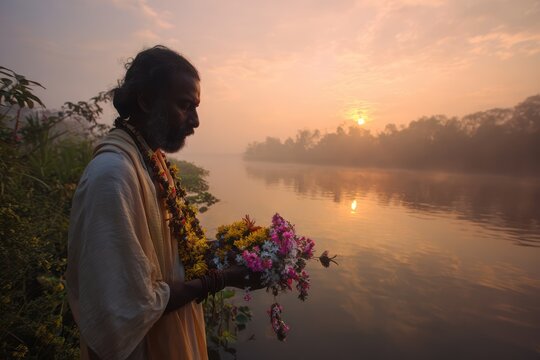 Sacred river ceremony at dawn with flowers