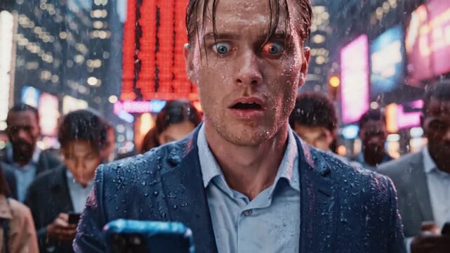 Giant screen of the stock exchange in a city like New York, people in shock staring at their cell phones, dramatic close-ups of facial expressions, light rain.