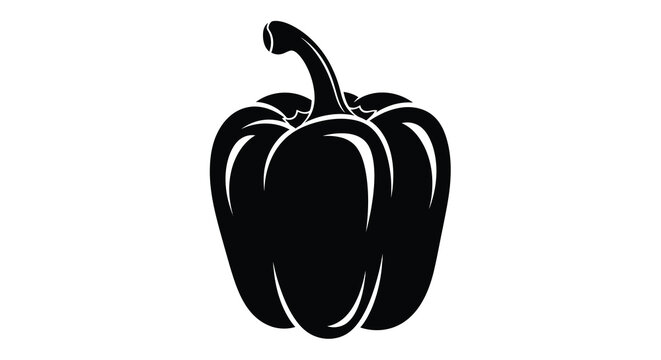 A striking black and white illustration depicts a single stylized bell pepper with smooth outlines