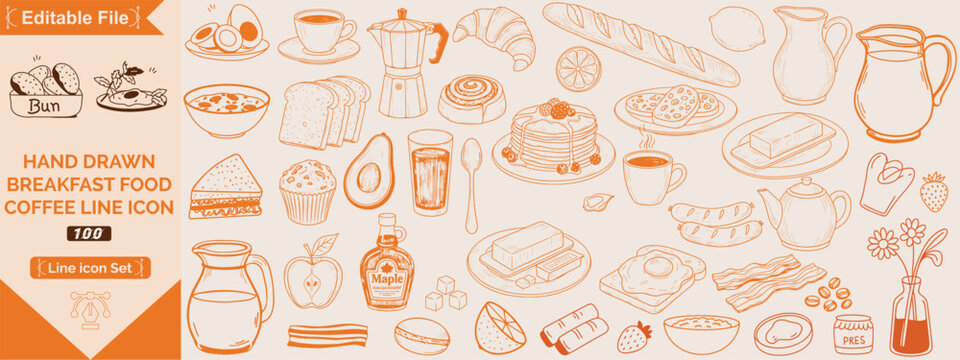 Hand drawn breakfast doodles set. Vector illustration of food and coffee icons in chalk, crayon drawing style for invitations, menus, parties. Minimalist line art. La dolce vita Italian style