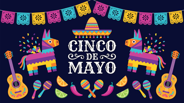Cinco de Mayo festive graphic illustration with vibrant and colorful decorations and ornaments