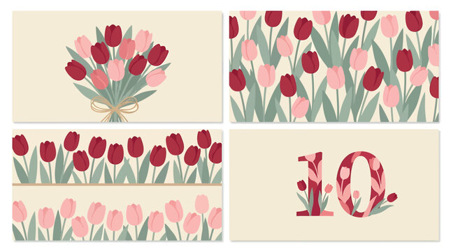 Four cards displaying floral designs with tulips, offering a combination of colors and patterns suitable for any occasions