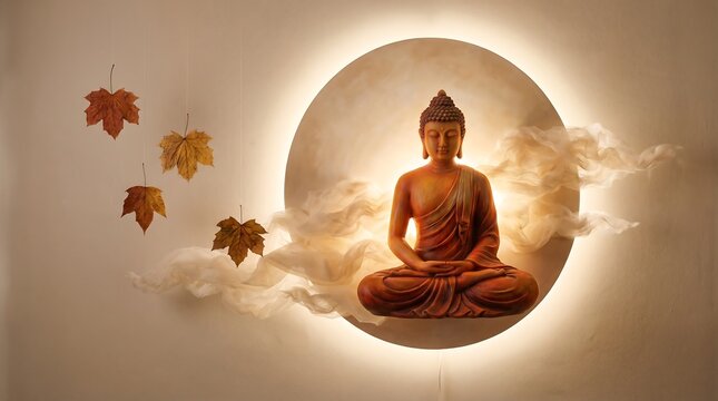 Buddha statue meditating in a circle with autumn leaves and smoke, Buddha Purnima, Buddha Jayanti background