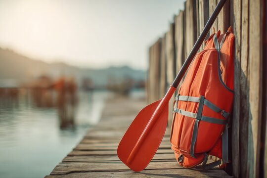 Kayak paddle and life vest mockup dock