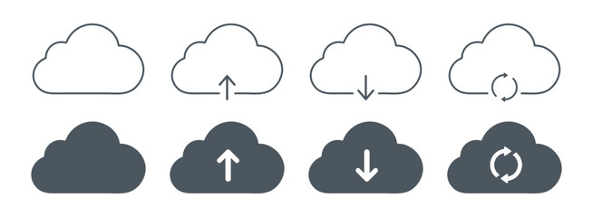 Obraz premium Cloud storage icon set with upload download sync and refresh actions. Data transfer, backup and file sharing outline and solid icons for apps, web interface and cloud computing systems