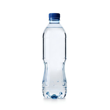 A clear plastic water bottle with a blue cap
