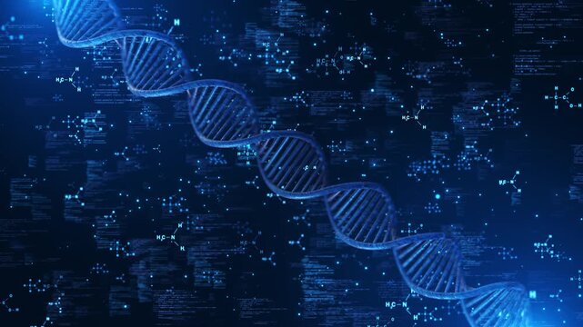 3D DNA Strand Genetic Science Technology molecular formulas digital data biotechnology innovation. medical presentations, genetics research visuals, pharmaceutical promos, healthcare science education