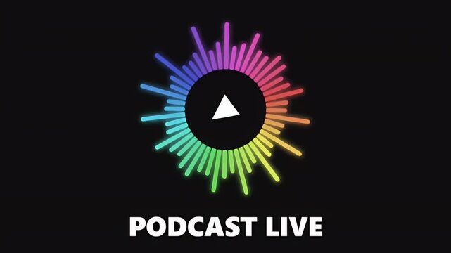 Colorful circular audio spectrum visualizer pulses around a play button for a live podcast broadcast