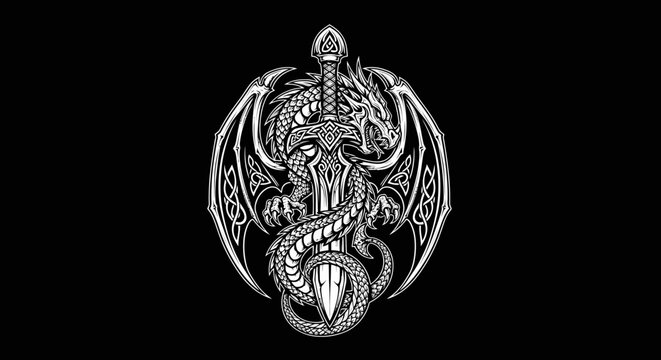 Intricate dragon sword design on black background fantasy symbol