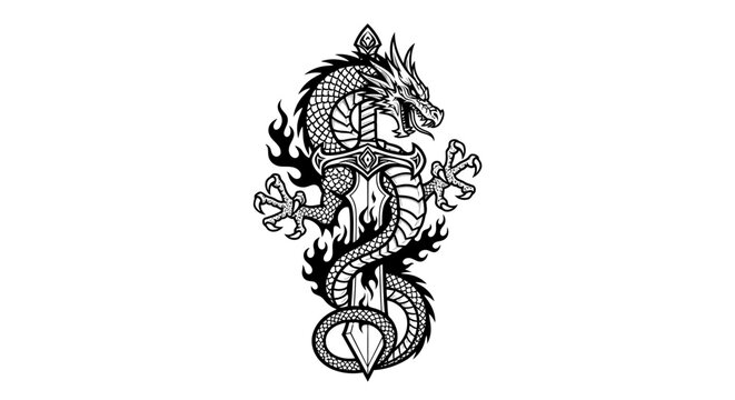 Intricate dragon tattoo design with sword and flame elements on white