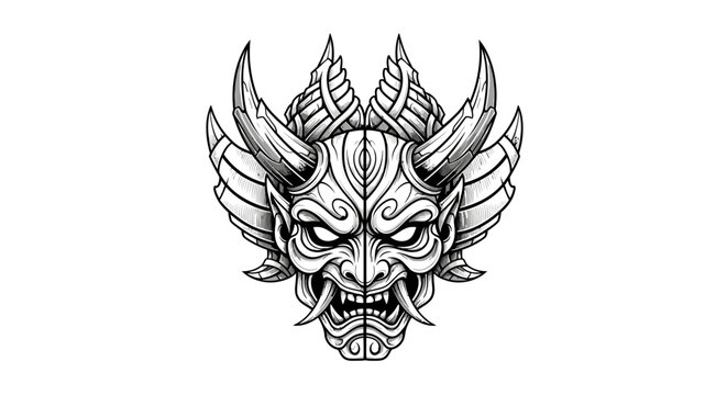 Intricate oni mask illustration isolated on white background for design