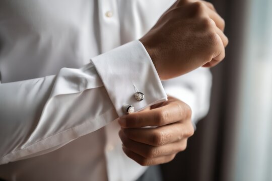 Man adjusting cufflinks with blank mockup space
