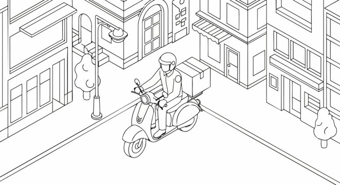 Courier Delivering Package on Scooter in City Street, Isometric Line Art Illustration for Coloring Page and Educational Materials
