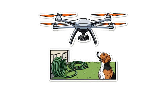 Drone flying over dog watching snake in garden