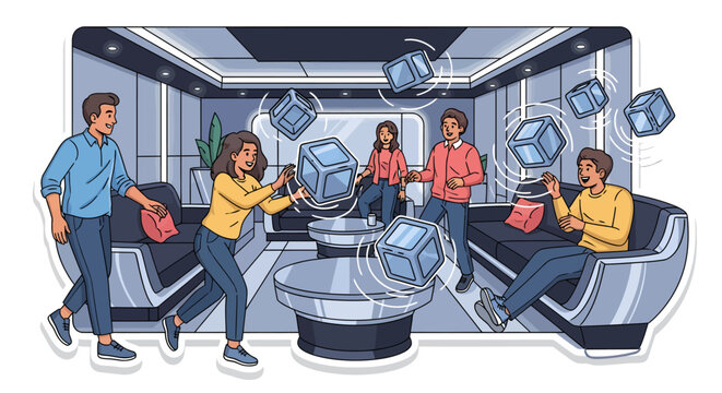 People in a futuristic virtual reality gaming room with cube shaped screens