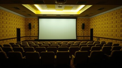 Naklejka premium Empty cinema interior. Rows seats face large white screen. Dim lighting creates dramatic effect. Walls feature patterned wallpaper.