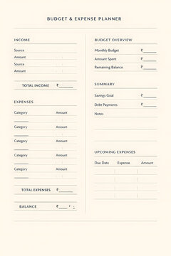 Minimalist office management budget and expense planner page in warm sand and charcoal executive layout