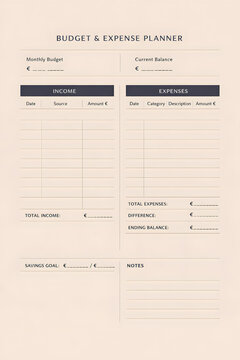 Minimalist office management budget and expense planner page in warm sand and charcoal layout