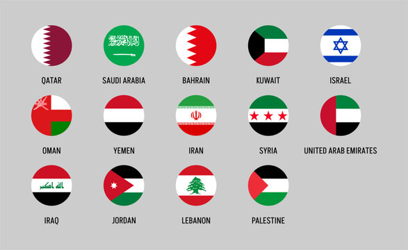 Collection of 14 Middle Eastern country flags in vector format, showcasing circular national emblems that highlight regional identity and rich cultural diversity in a modern style
