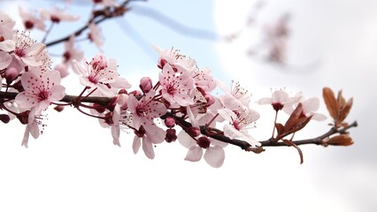 Wiosenna symfonia różu: Kwitnące drzewo wiśni na tle błękitnego nieba, emanujące świeżością i delikatnością poranka, stanowiące kwintesencję budzącej się do życia natury w pełnym słońcu. © tomo81