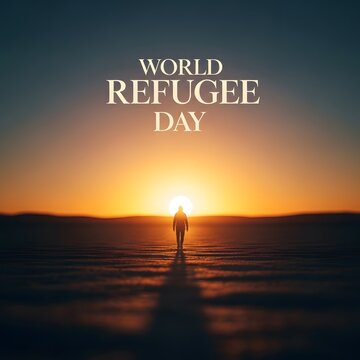 Lone person walking towards horizon at sunset for world refugee day concept