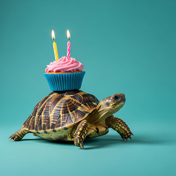 A birthday cupcake with lit candles sits atop the shell of a tortoise