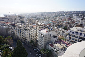 Fototapeta premium Aerial view of Algiers (Algeria, Africa) with Martyrs Memorial in the background - Public housing