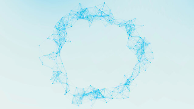 Clean light neural ring with blue connected nodes on bright background. Minimal AI data circle with fresh modern look, smart structure and soft digital clarity.